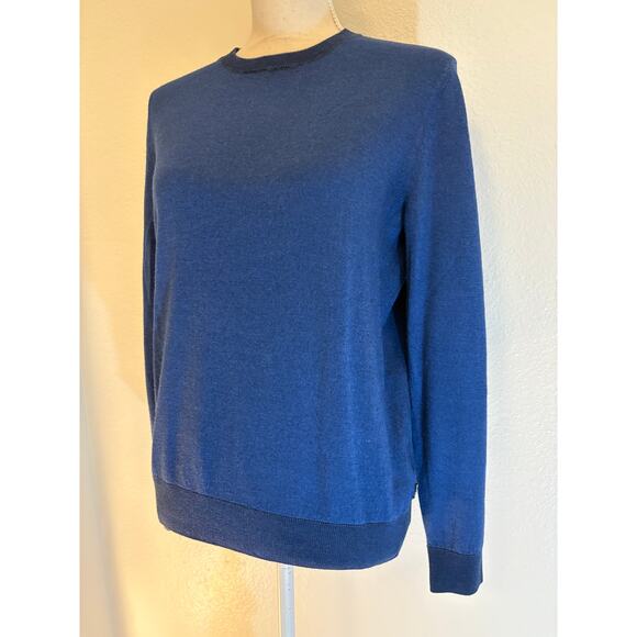 HUGO BOSS Sweater | Dark Blue Wool Silk Crewneck Regular Fit Eurochic | MEDIUM - Picture 3 of 8
